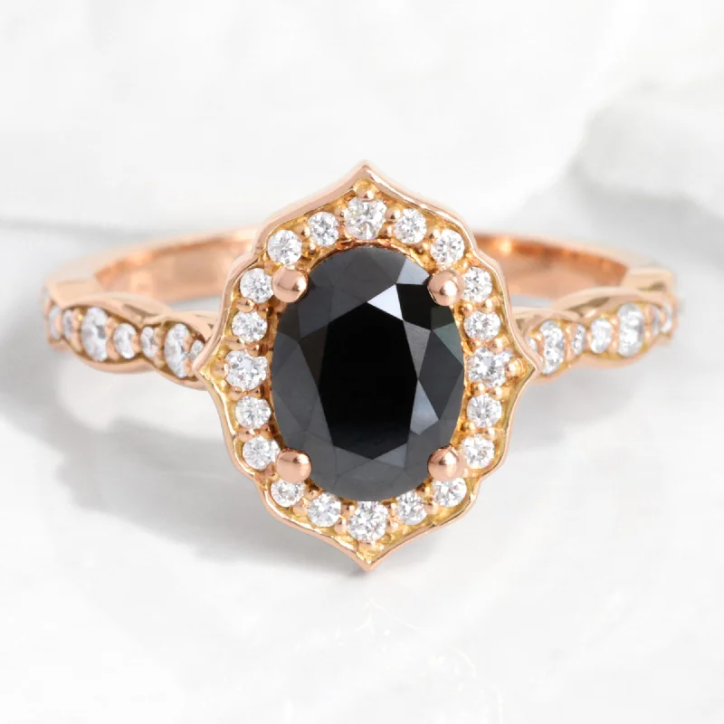 Shop Dazzling Jewelry With Special Promotional Discounts Oval Black Diamond Engagement Ring in Vintage Floral Scalloped Band Shop Dazzling Jewelry With Special Promotional Discounts Oval Black Diamond Engagement Ring in Vintage Floral Scalloped Band