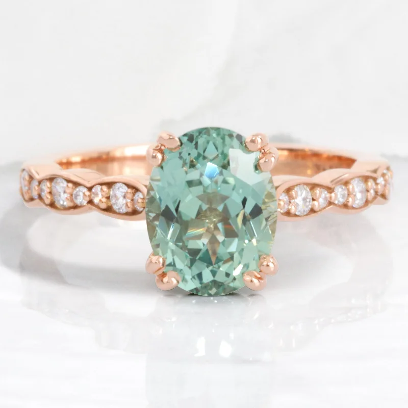 Don't Miss These Dazzling Jewelry Discounts 2.55 Ct. Oval Green Sapphire Ring in Grace Solitaire Diamond Scalloped Band Don't Miss These Dazzling Jewelry Discounts 2.55 Ct. Oval Green Sapphire Ring in Grace Solitaire Diamond Scalloped Band
