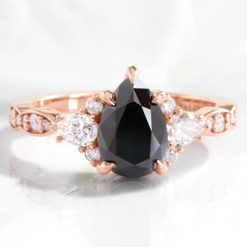 Chic And Stylish Jewelry At Discounted Prices 2.2 Ct. Pear Black Diamond Ring in Dahlia 3 Stone Diamond Band