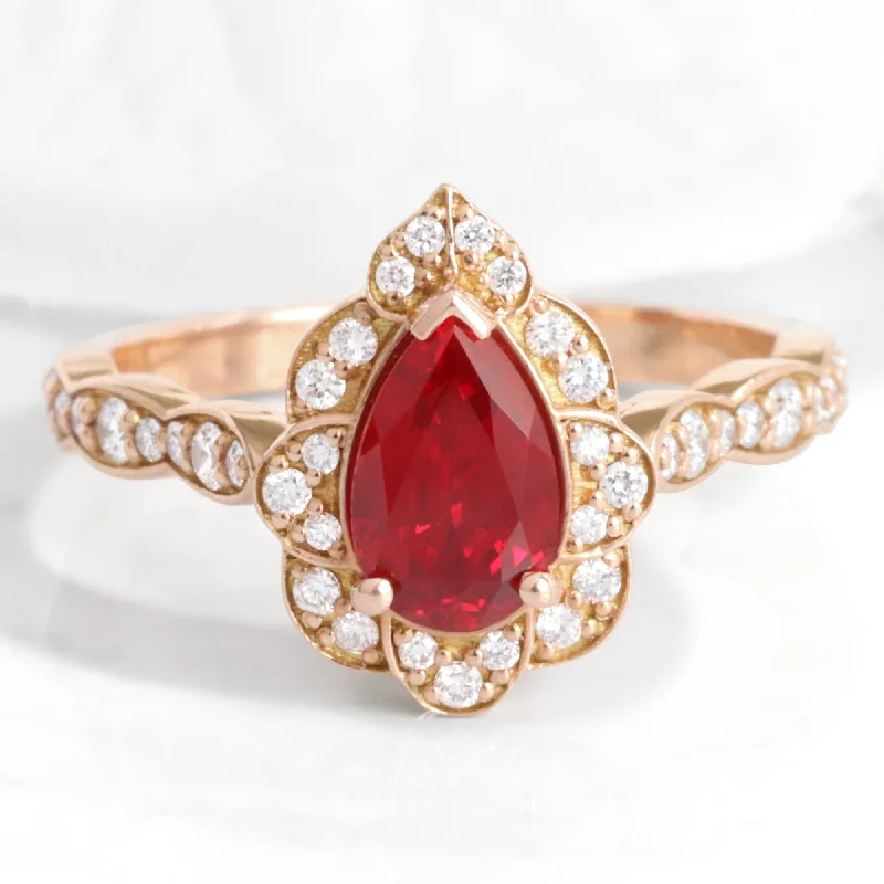Get Ready To Sparkle – Special Jewelry Discounts Pear Ruby Diamond Ring in Vintage Floral Scalloped Band Get Ready To Sparkle – Special Jewelry Discounts Pear Ruby Diamond Ring in Vintage Floral Scalloped Band