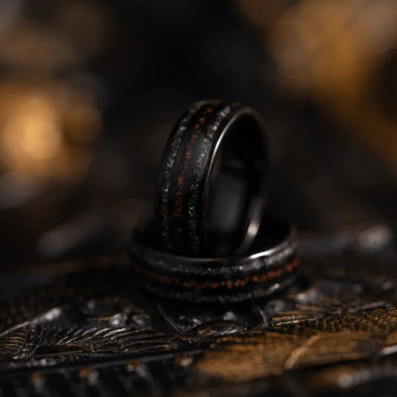 Fashion-Forward Jewelry At Exclusive Discounts "Perseus" Black Domed Tungsten Carbide Ring- Dinosaur Bones and Meteorite- 6mm/8mm Fashion-Forward Jewelry At Exclusive Discounts "Perseus" Black Domed Tungsten Carbide Ring- Dinosaur Bones and Meteorite- 6mm/8mm
