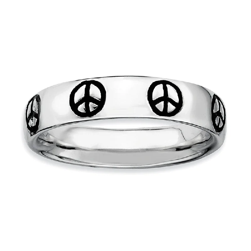High-Quality Gemstone Jewelry For Special Occasions Rhodium Plate Sterling Silver & Black Enamel Stackable Peace Sign Band High-Quality Gemstone Jewelry For Special Occasions Rhodium Plate Sterling Silver & Black Enamel Stackable Peace Sign Band