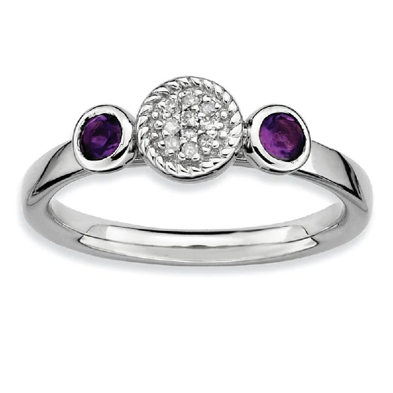 Rhodium Plate Sterling Silver Stackable Amethyst, .04 Ctw Diamond Ring