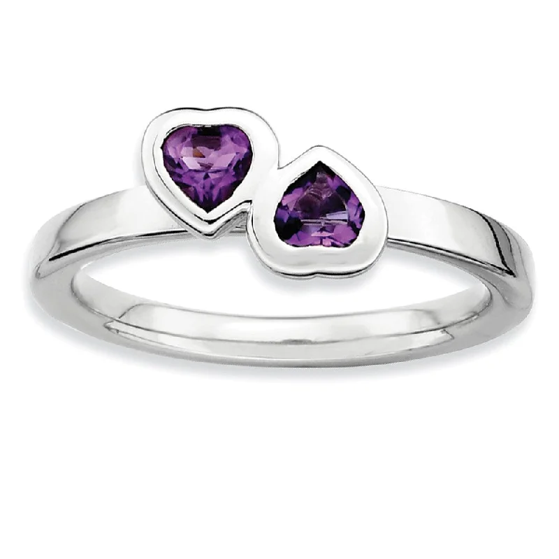 Rhodium Plated Sterling Silver & Amethyst Stackable 2 Stone Heart Ring