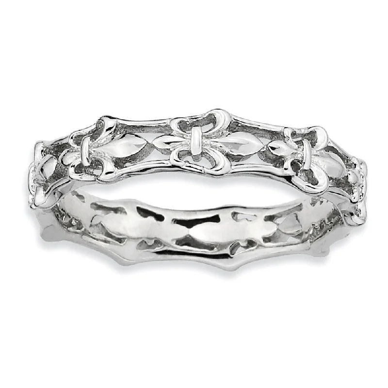 Rhodium Plated Sterling Silver Stackable Fleur de Lis 4.5mm Band