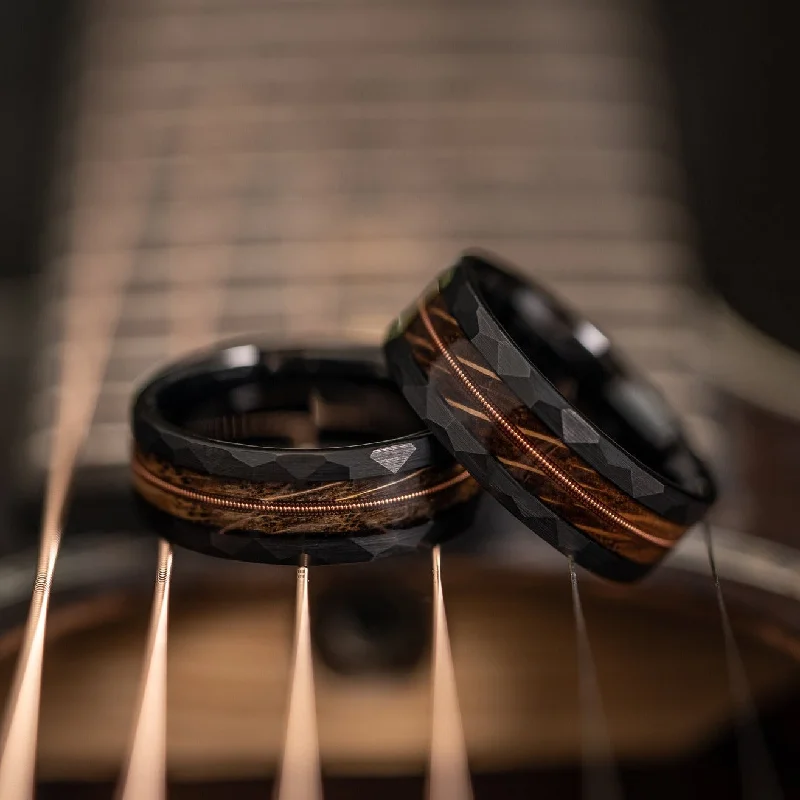 Exclusive Savings On Timeless Jewelry Pieces "Rhythm & Whiskey" Whiskey Barrel Wood x Guitar String Ring- black Hammered Tungsten Exclusive Savings On Timeless Jewelry Pieces "Rhythm & Whiskey" Whiskey Barrel Wood x Guitar String Ring- black Hammered Tungsten