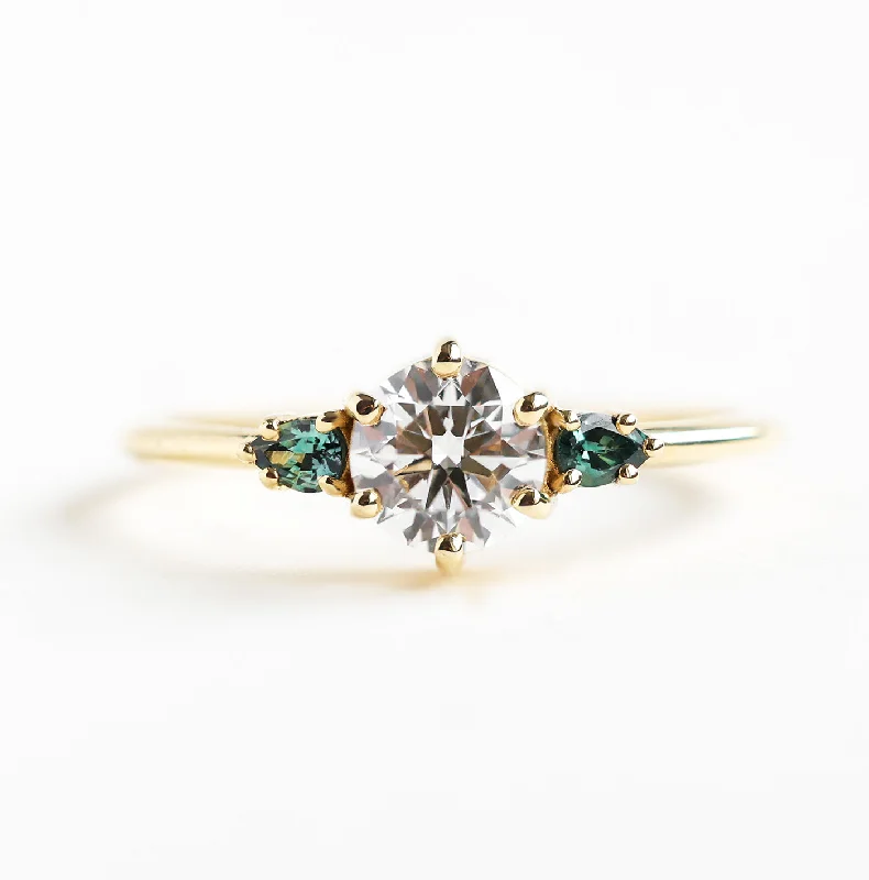 Handcrafted Jewelry Sale – Unique Designs At Low Prices Round Three Stone Diamond Ring With Teal Pear Sapphires