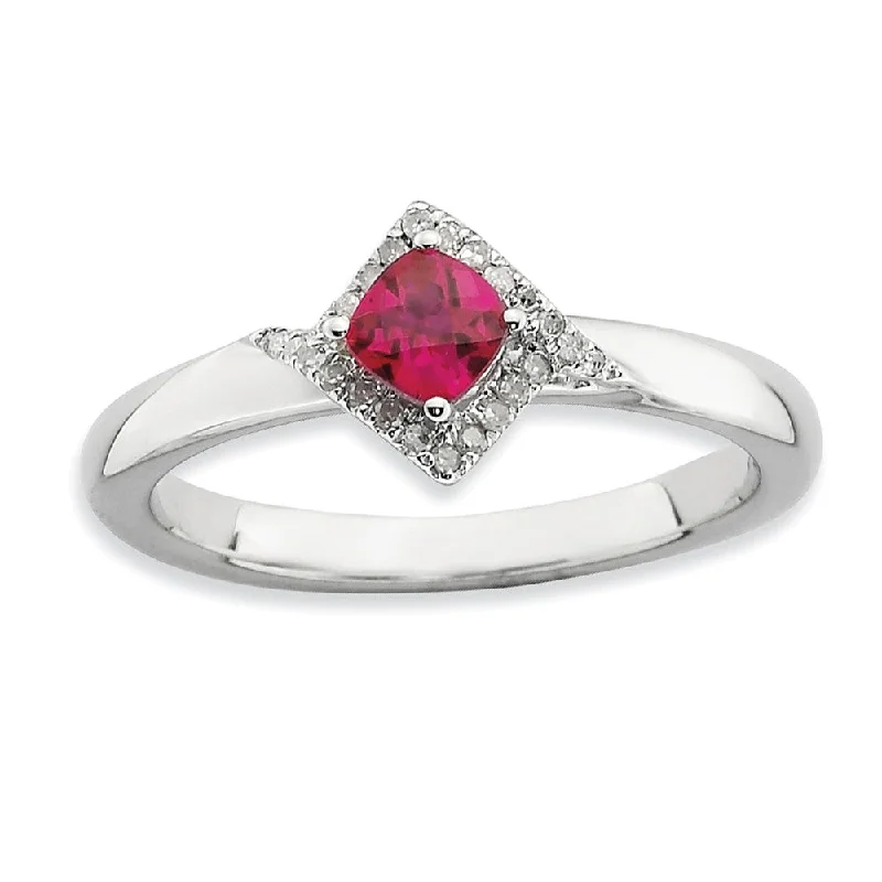 Stackable Created Ruby and 1/10 Ctw HI/I3 Diamond Sterling Silver Ring