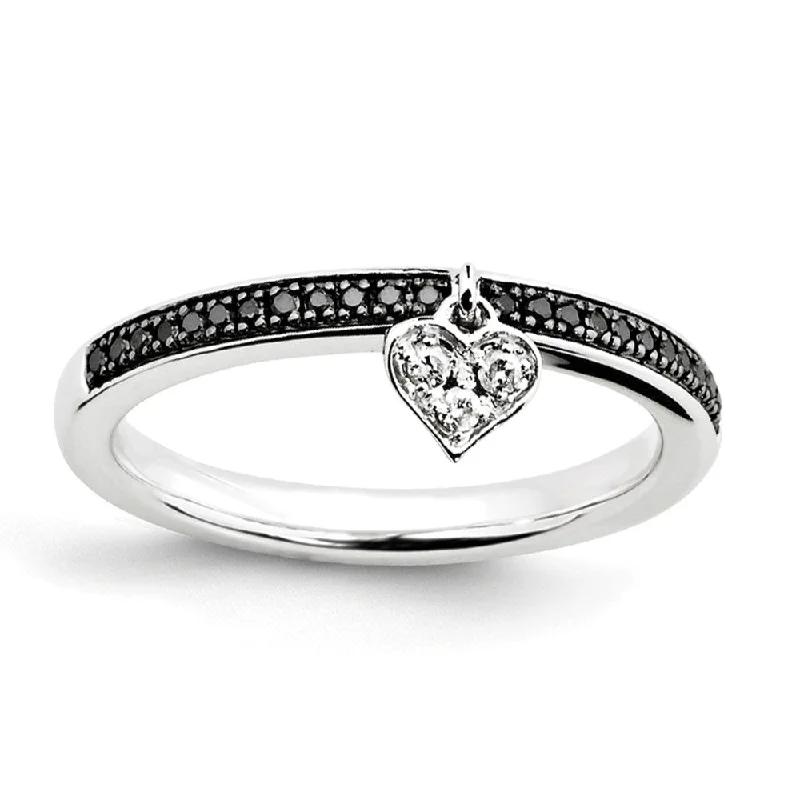 Trending Jewelry Styles Now At Limited-Time Discounts Sterling Silver 4mm Dangle Heart, Black & White Diamond Stackable Ring