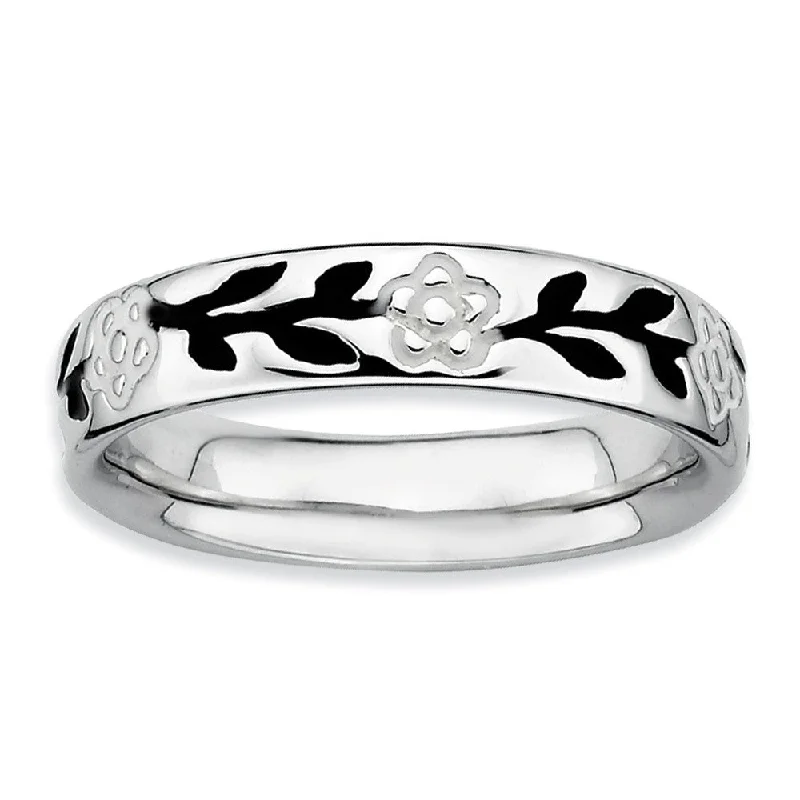 Sterling Silver, Black and White Enameled Stackable Full Flower Band