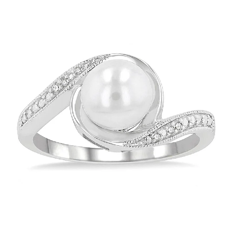 Sterling Silver Pearl And Diamond Bypass Ring