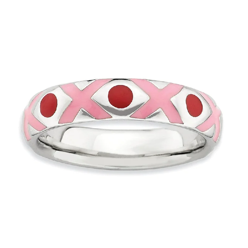Versatile Layering Jewelry For Effortless Chic Sterling Silver, Pink and Red Enameled Hugs & Kisses Stackable Band Versatile Layering Jewelry For Effortless Chic Sterling Silver, Pink and Red Enameled Hugs & Kisses Stackable Band