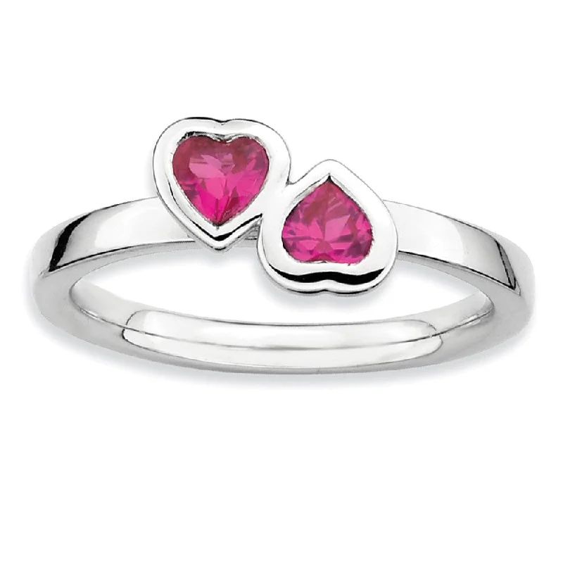 High-Quality Gemstone Jewelry For Special Occasions Sterling Silver Stackable Double Heart Created Ruby Ring High-Quality Gemstone Jewelry For Special Occasions Sterling Silver Stackable Double Heart Created Ruby Ring