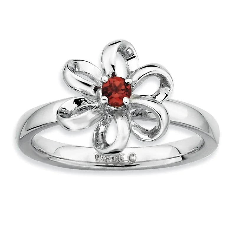 Sterling Silver Stackable Faceted Garnet Looped Petal Flower Ring