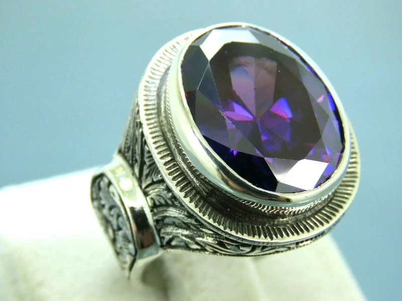 Turkish Handmade Jewelry 925 Sterling Silver Amethyst Stone Engraved Mens Rings