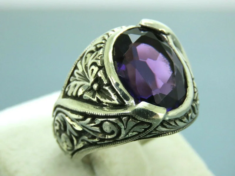 Turkish Handmade Jewelry 925 Sterling Silver Amethyst Stone Engraved Mens Rings