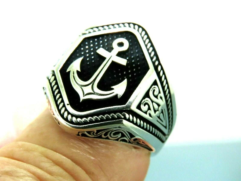 Dainty Floral Jewelry For Feminine Elegance Turkish Handmade Jewelry 925 Sterling Silver Anchor Design Mens Rings Dainty Floral Jewelry For Feminine Elegance Turkish Handmade Jewelry 925 Sterling Silver Anchor Design Mens Rings