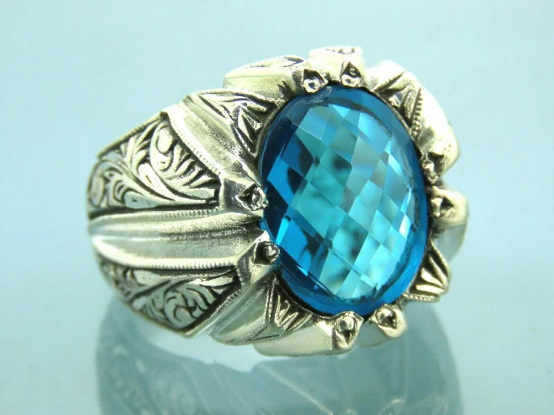 Turkish Handmade Jewelry 925 Sterling Silver Aquamarine Stone Engraved Mens Rings