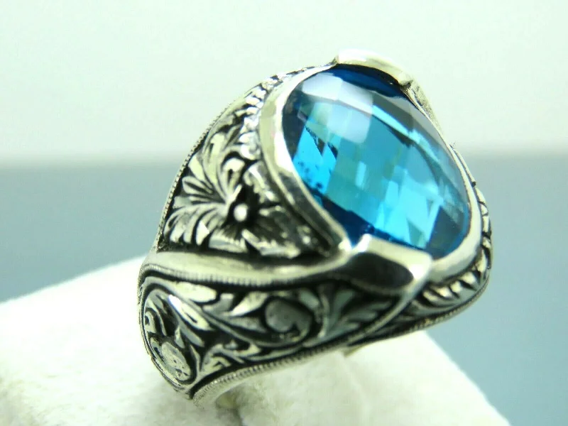 Turkish Handmade Jewelry 925 Sterling Silver Aquamarine Stone Engraved Mens Rings