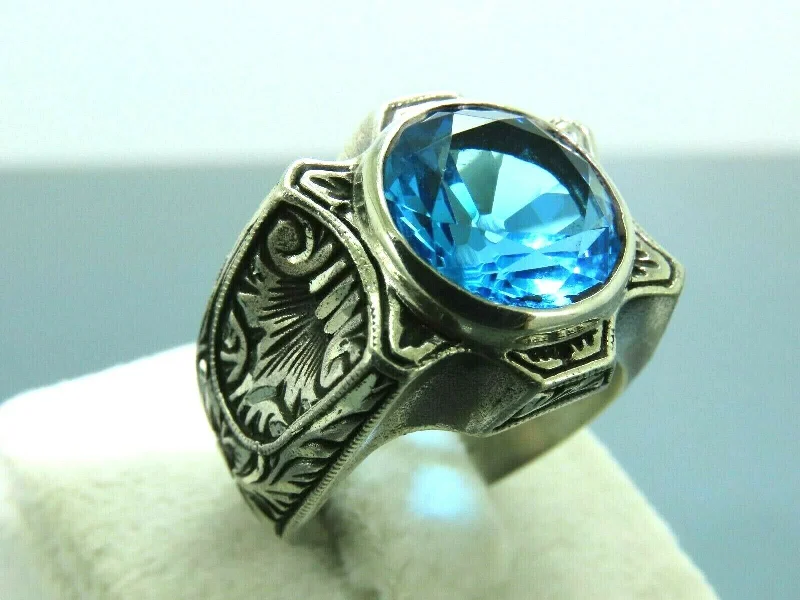 Turkish Handmade Jewelry 925 Sterling Silver Aquamarine Stone Mens Rings