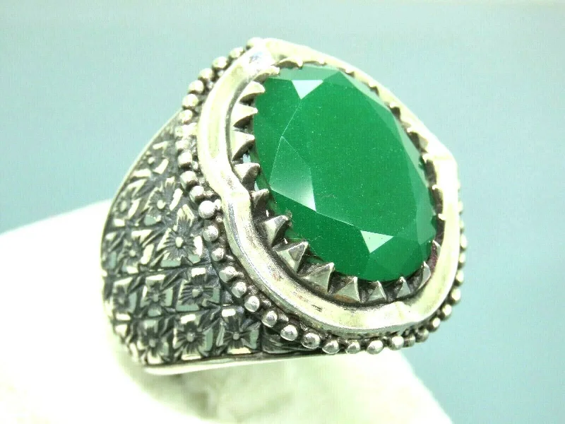 Turkish Handmade Jewelry 925 Sterling Silver Emerald Stone Mens Rings