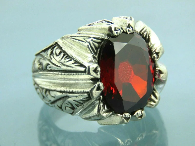 Turkish Handmade Jewelry 925 Sterling Silver Garnet Stone Mens Rings