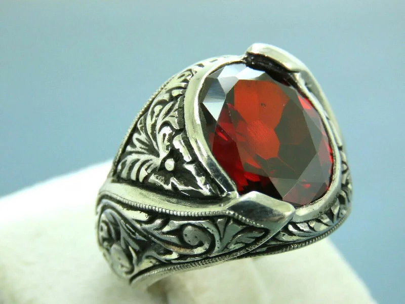 Turkish Handmade Jewelry 925 Sterling Silver Garnet Stone Mens Rings