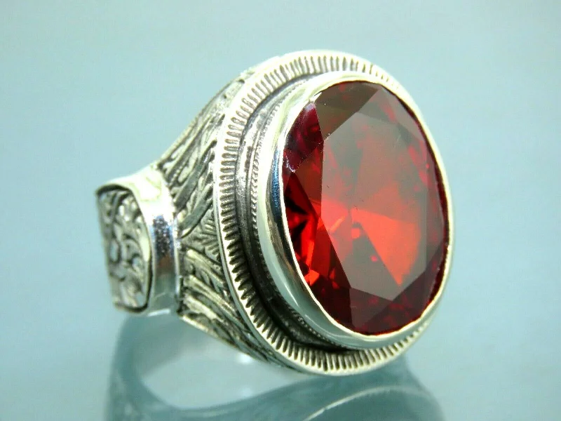 Turkish Handmade Jewelry 925 Sterling Silver Garnet Stone Mens Rings