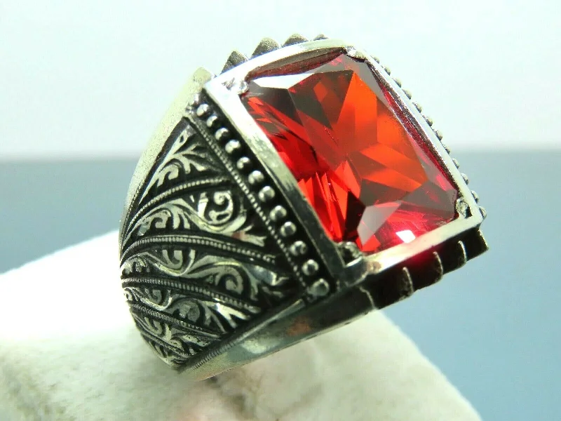 Turkish Handmade Jewelry 925 Sterling Silver Garnet Stone Engraved Mens Rings