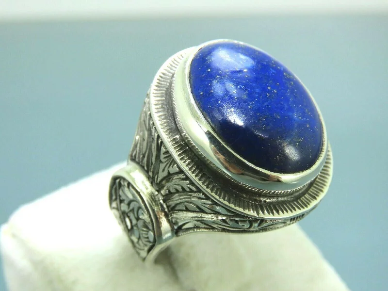 Turkish Handmade Jewelry 925 Sterling Silver Lapis Stone Engraved Mens Rings