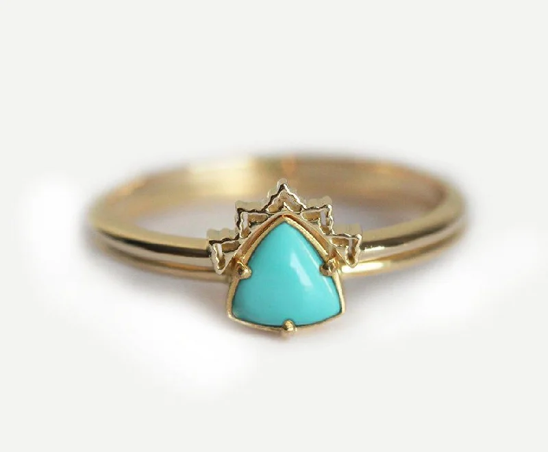 Trillion Turquoise Ring Set With Curved Lace Gold Band