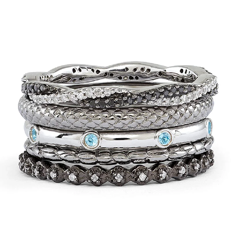 Special Deals On Handcrafted And Designer Jewelry Two Tone Sterling Silver, Diamond & Blue Topaz Band Stackable Ring Set Special Deals On Handcrafted And Designer Jewelry Two Tone Sterling Silver, Diamond & Blue Topaz Band Stackable Ring Set