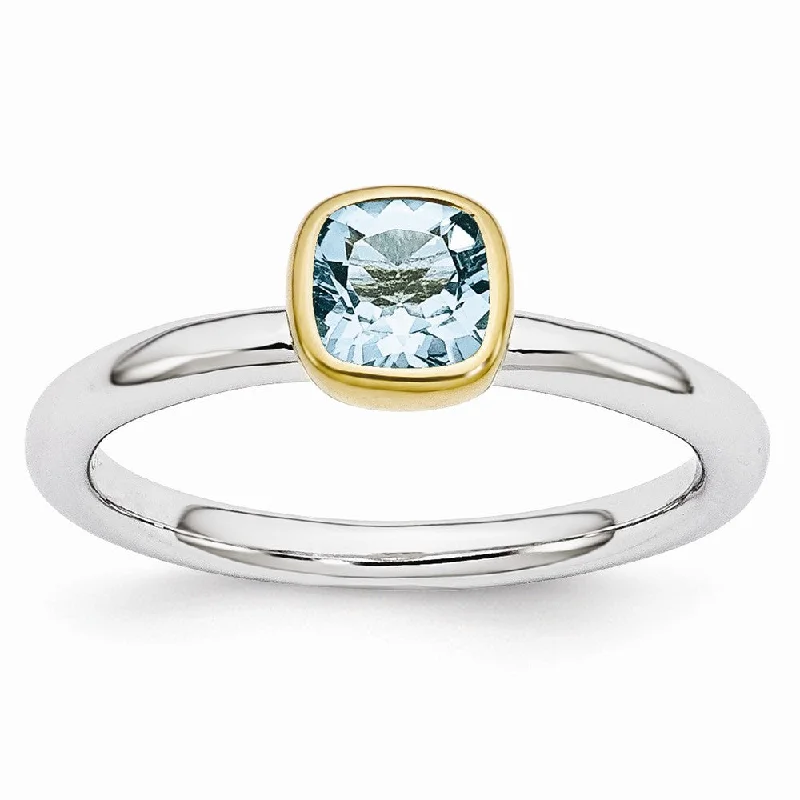 Two Tone Sterling Silver Stackable 5mm Cushion Blue Topaz Ring