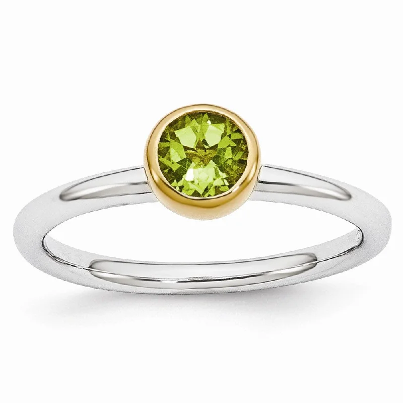 Two Tone Sterling Silver Stackable 5mm Round Peridot Ring