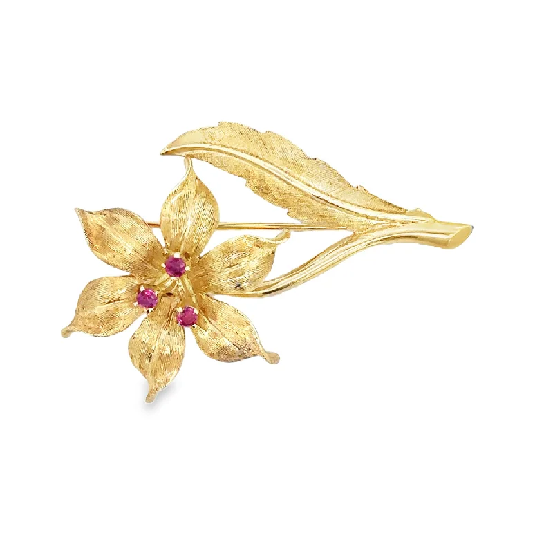 Get The Jewelry You Love At A Price You Love Vintage 1960s Ruby Flower Brooch in Yellow Gold Get The Jewelry You Love At A Price You Love Vintage 1960s Ruby Flower Brooch in Yellow Gold