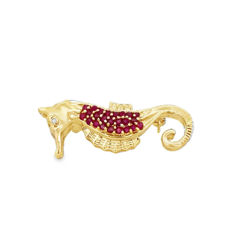 Trending Jewelry Styles Now At Limited-Time Discounts Vintage Ruby and Diamond Seahorse Brooch in Yellow Gold Trending Jewelry Styles Now At Limited-Time Discounts Vintage Ruby and Diamond Seahorse Brooch in Yellow Gold