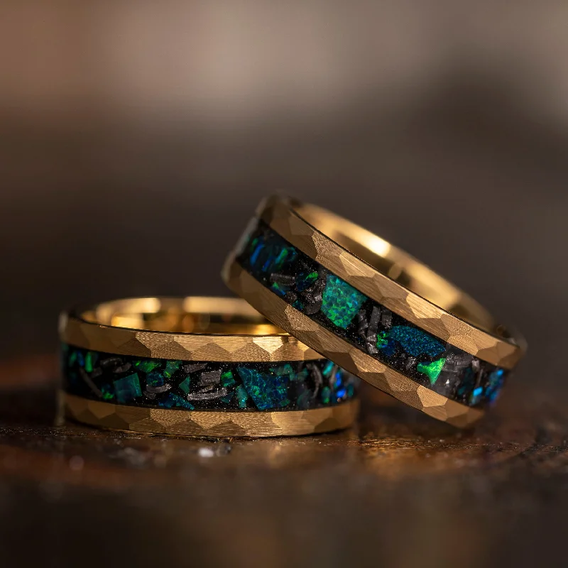 Handmade Pearl Jewelry For Timeless Elegance "Zeus" Gold Hammered Tungsten Carbide Ring- Meteorite and Emerald Opal- Yellow Gold- 8mm Handmade Pearl Jewelry For Timeless Elegance "Zeus" Gold Hammered Tungsten Carbide Ring- Meteorite and Emerald Opal- Yellow Gold- 8mm