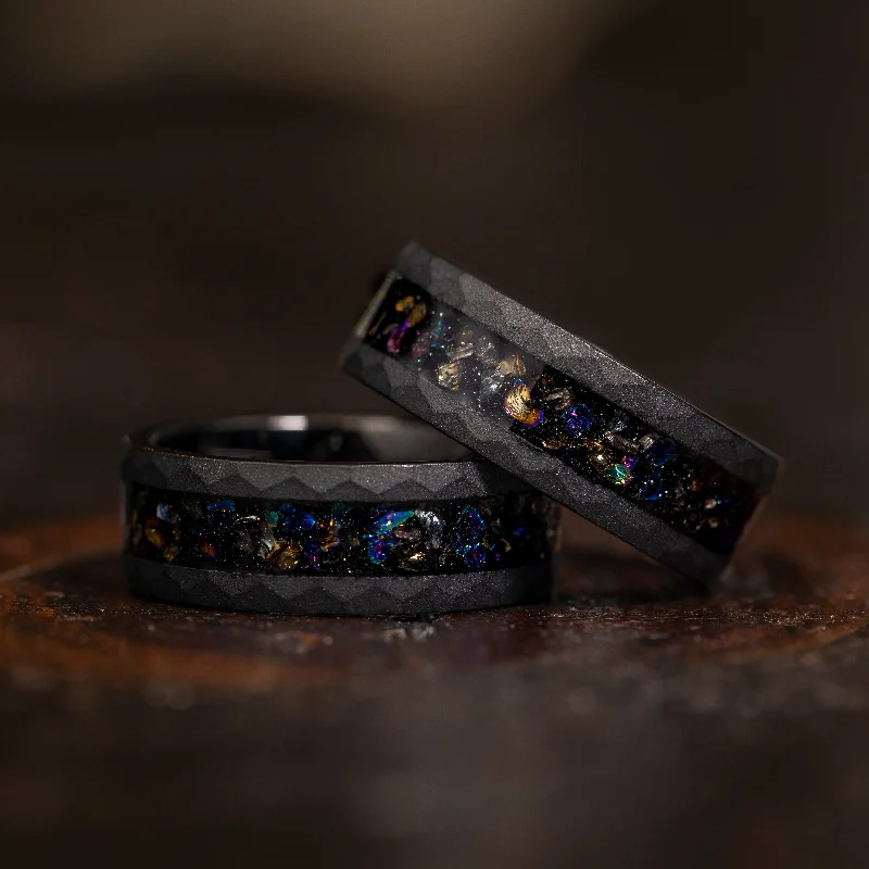 Limited-Time Jewelry Discounts – Shine Without The Splurge "Zeus" Hammered Dark Nebula Ring- Meteorite and Opal- Black 8mm Limited-Time Jewelry Discounts – Shine Without The Splurge "Zeus" Hammered Dark Nebula Ring- Meteorite and Opal- Black 8mm