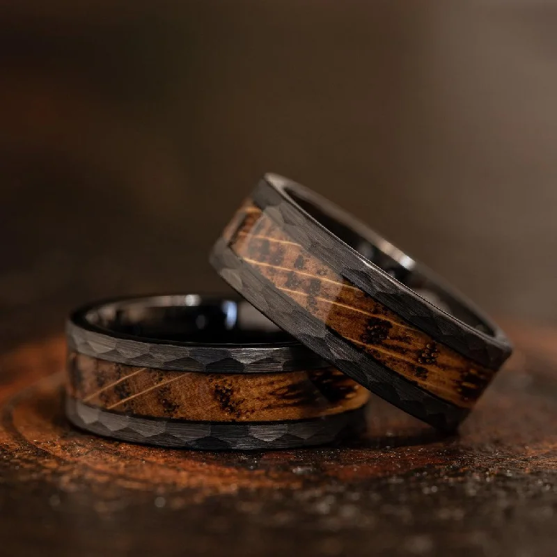 Shop Handcrafted Jewelry At Special Promotional Rates "Zeus" Hammered Tungsten Carbide Ring- Black with Charred Whiskey Barrel Shop Handcrafted Jewelry At Special Promotional Rates "Zeus" Hammered Tungsten Carbide Ring- Black with Charred Whiskey Barrel