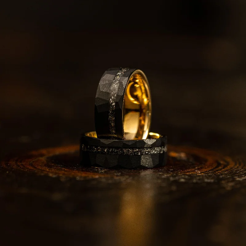 The Perfect Accessory For Less – Jewelry Sale Live "Zeus" Hammered Tungsten Carbide Ring- Black/Yellow Gold w/ Meteorite- 8mm The Perfect Accessory For Less – Jewelry Sale Live "Zeus" Hammered Tungsten Carbide Ring- Black/Yellow Gold w/ Meteorite- 8mm