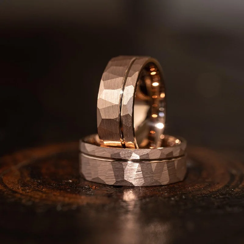 "Zeus" Hammered Tungsten Carbide Ring- Flat with Rose Gold Strip- 6mm/8mm