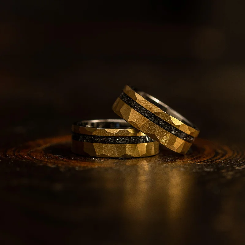 Jewelry Flash Sale – Stylish Designs At Unbeatable Rates "Zeus" Hammered Tungsten Carbide Ring- Yellow Gold w/ Meteorite- 8mm
