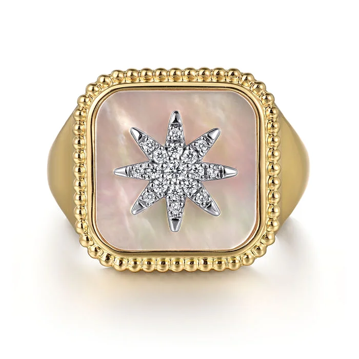 Stunning Jewelry At Even More Stunning Prices Mother of Pearl and Diamond Signet Ring in 14K Yellow Gold Stunning Jewelry At Even More Stunning Prices Mother of Pearl and Diamond Signet Ring in 14K Yellow Gold