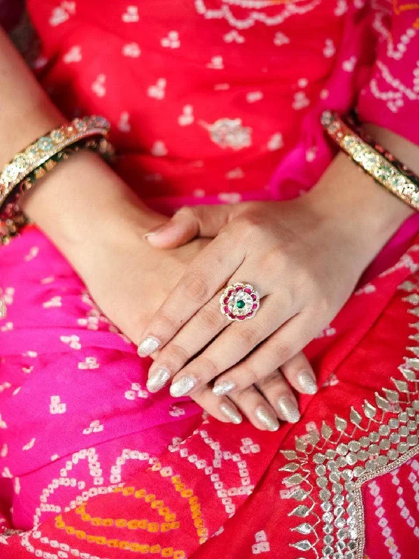 Fashion-Forward Geometric Jewelry For Contemporary Style Tiny Patchi Kundan Ruby Emerald Ring Fashion-Forward Geometric Jewelry For Contemporary Style Tiny Patchi Kundan Ruby Emerald Ring