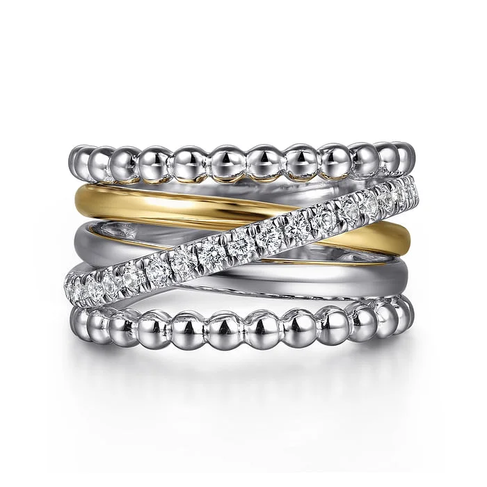 Flash Jewelry Sale – Get Stunning Pieces At Low Prices White Sapphire Wide Cross-Over Band in Sterling Silver & 14K Yellow Gold Flash Jewelry Sale – Get Stunning Pieces At Low Prices White Sapphire Wide Cross-Over Band in Sterling Silver & 14K Yellow Gold