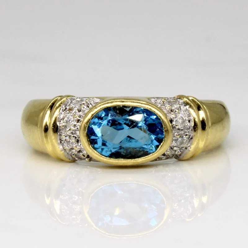 Limited Stock On Premium Jewelry At Low Prices East West Bezel Set Blue Topaz Ring | 0.88ct, 0.06ctw | SZ 6.25 |