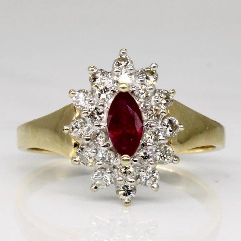 Dainty Floral Jewelry For Feminine Elegance Diamond & Synthetic Ruby Tapered Halo Ring | 0.32ctw, 0.25ct | SZ 7.5 |