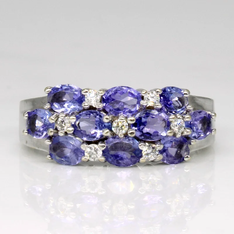 Delicate Crystal Jewelry For Sophisticated Charm Three Row Tanzanite & Diamond Ring | 1.10ctw, 0.10ctw | SZ 7 |