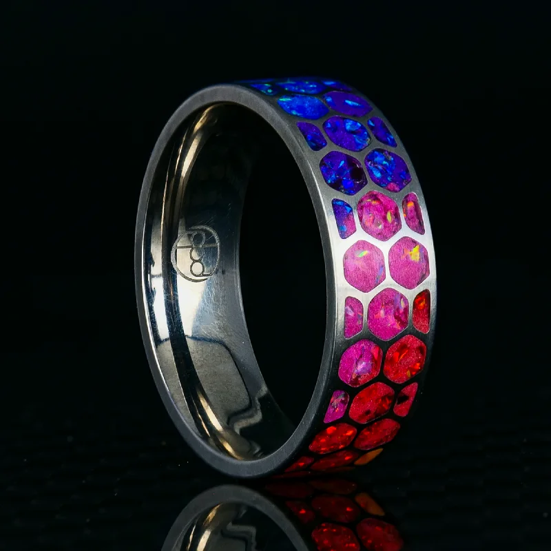 Exclusive Jewelry Sale – Limited-Time Discounts Hexagon Prismatic Opal Glowstone Ring on Titanium