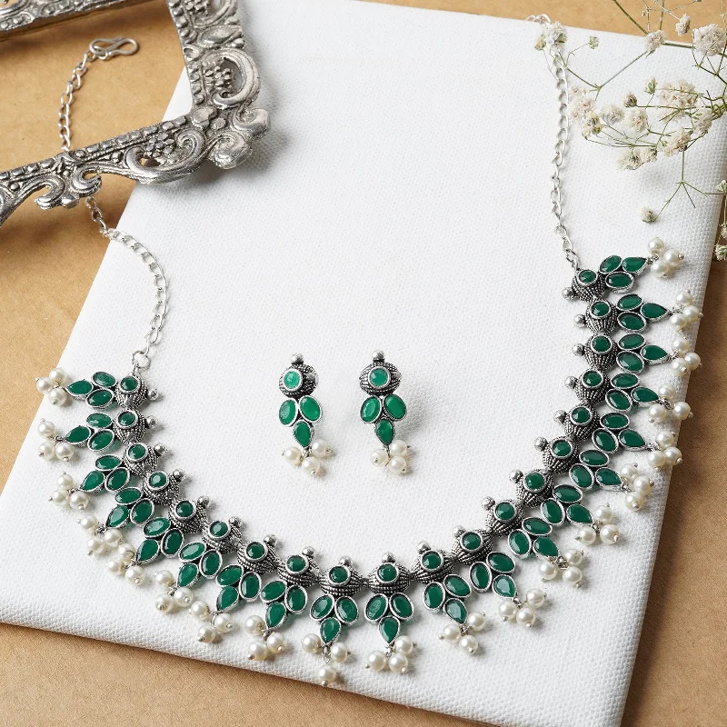 Timeless Elegance Now At Special Discounts Nishan Silver Oxidised Green Stone and Pearl Necklace Set Timeless Elegance Now At Special Discounts Nishan Silver Oxidised Green Stone and Pearl Necklace Set